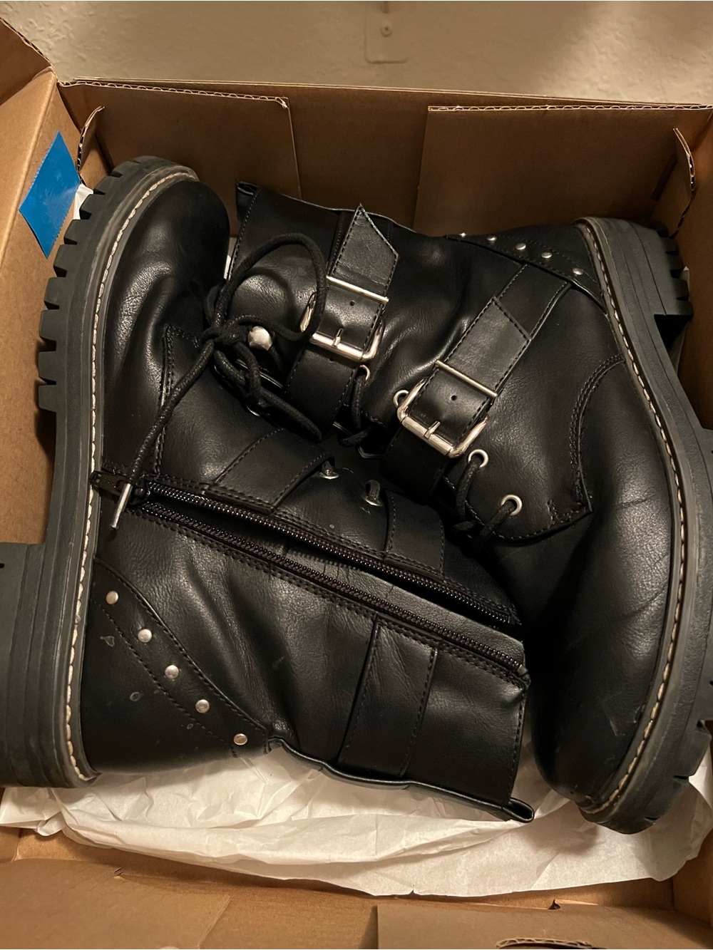 Women's Black Leather Combat Boots with Buckle Detail